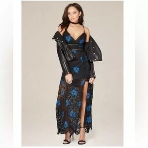 Bebe Mandy Lace Maxi Dress Women's 4 Black Blue Embroidered Floral Gothic Gown